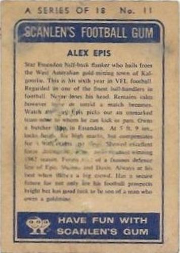1963 Scanlens VFL #11 Alec Epis Back